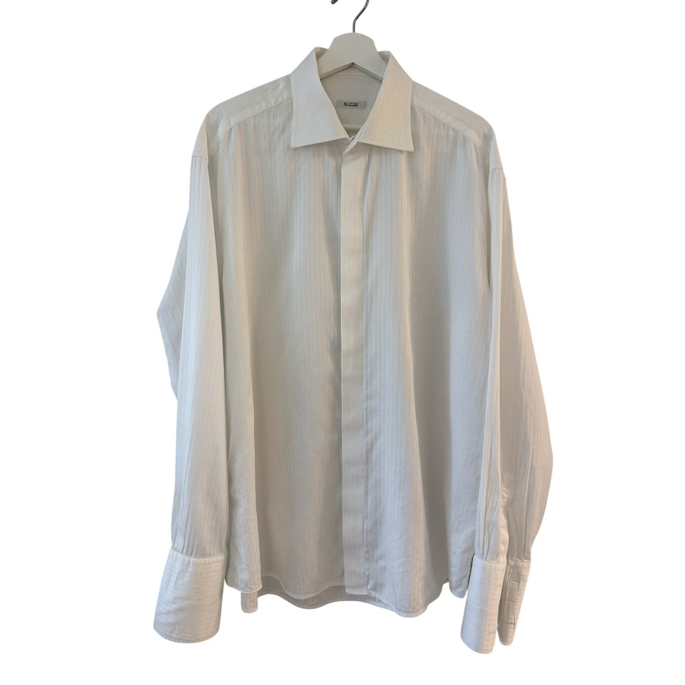 Pal Zileri Mens White Textured Stripe French Cuff‎ Hidden Button Dress Shirt